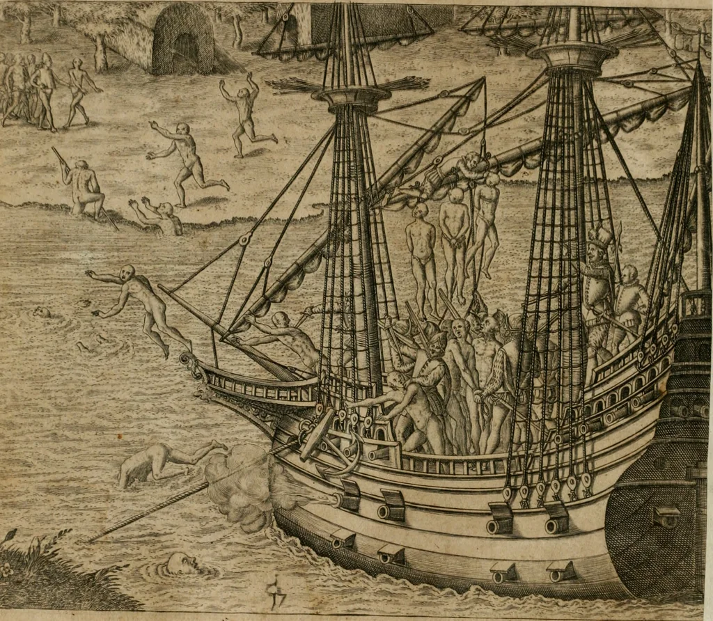 An illustration from America, das ist, Erfindung vnd Offenbahrung der Newen Welt : deroselbigen Völcker, Gestalt, Sitten, Gebräuch, Policey vnd Gottesdienst, 1617, leaf 41