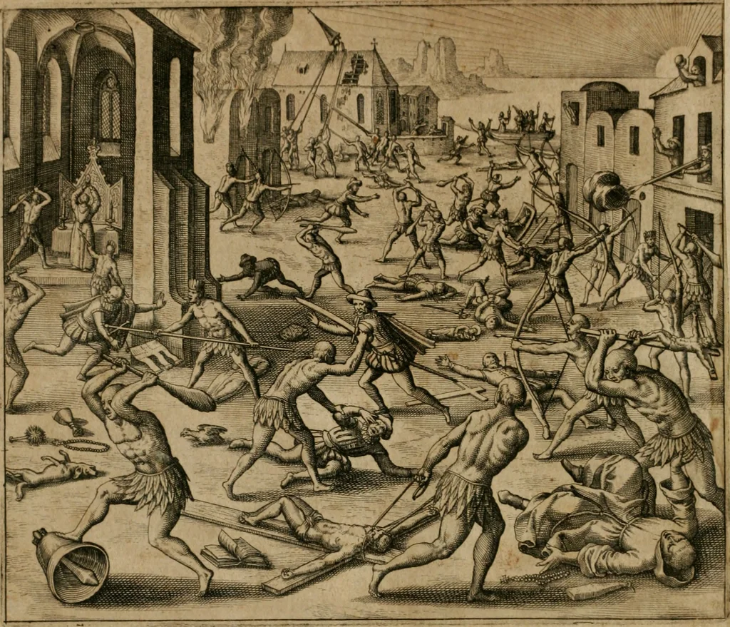 An illustration from America, das ist, Erfindung vnd Offenbahrung der Newen Welt : deroselbigen Völcker, Gestalt, Sitten, Gebräuch, Policey vnd Gottesdienst, 1617, leaf 43