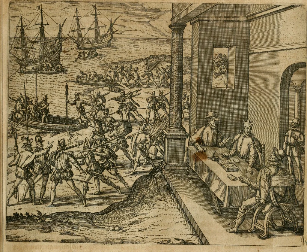 An illustration from America, das ist, Erfindung vnd Offenbahrung der Newen Welt : deroselbigen Völcker, Gestalt, Sitten, Gebräuch, Policey vnd Gottesdienst, 1617, leaf 64