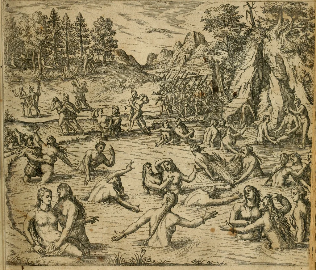 An illustration from America, das ist, Erfindung vnd Offenbahrung der Newen Welt : deroselbigen Völcker, Gestalt, Sitten, Gebräuch, Policey vnd Gottesdienst, 1617, leaf 70