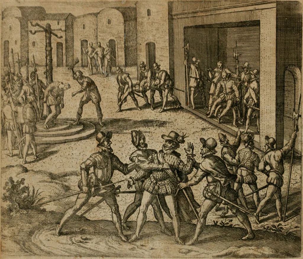 An illustration from America, das ist, Erfindung vnd Offenbahrung der Newen Welt : deroselbigen Völcker, Gestalt, Sitten, Gebräuch, Policey vnd Gottesdienst, 1617, leaf 77