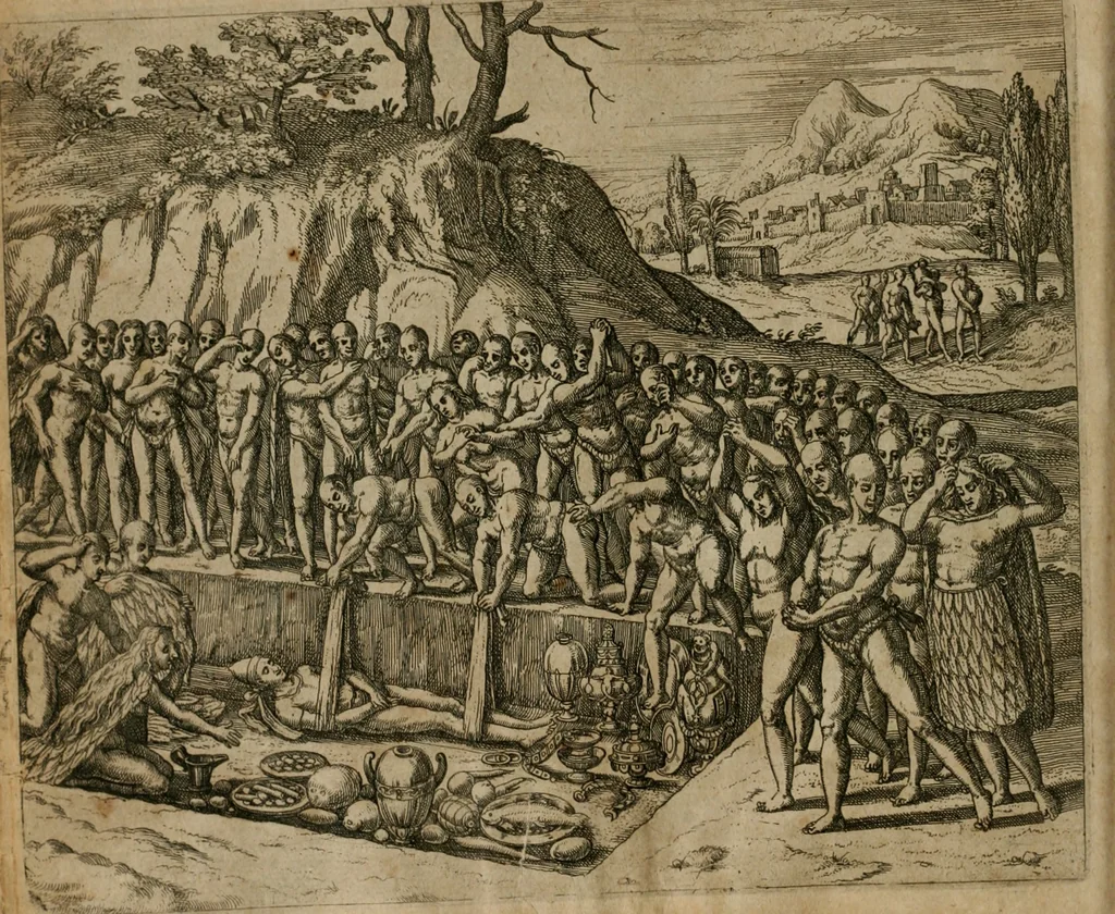 An illustration from America, das ist, Erfindung vnd Offenbahrung der Newen Welt : deroselbigen Völcker, Gestalt, Sitten, Gebräuch, Policey vnd Gottesdienst, 1617, leaf 91