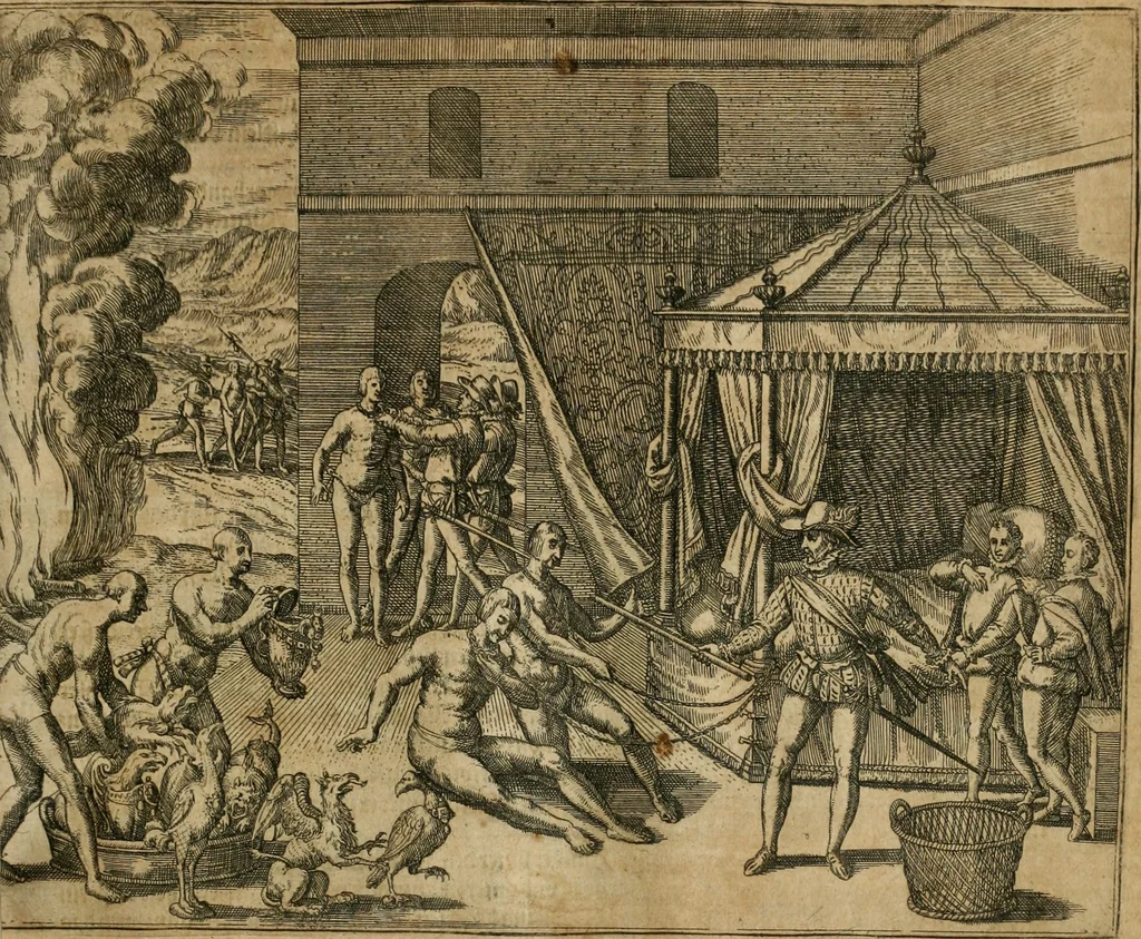An illustration from America, das ist, Erfindung vnd Offenbahrung der Newen Welt : deroselbigen Völcker, Gestalt, Sitten, Gebräuch, Policey vnd Gottesdienst, 1617, leaf 96