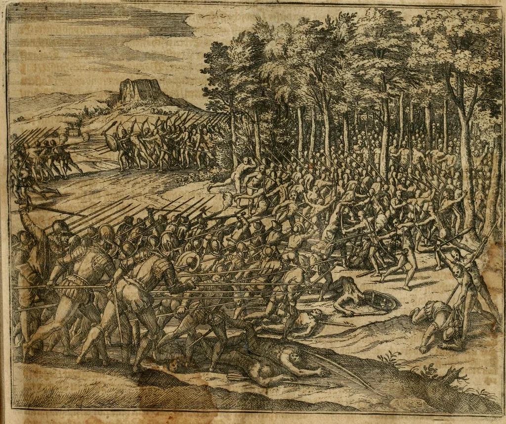 An illustration from America, das ist, Erfindung vnd Offenbahrung der Newen Welt : deroselbigen Völcker, Gestalt, Sitten, Gebräuch, Policey vnd Gottesdienst, 1617, leaf 98