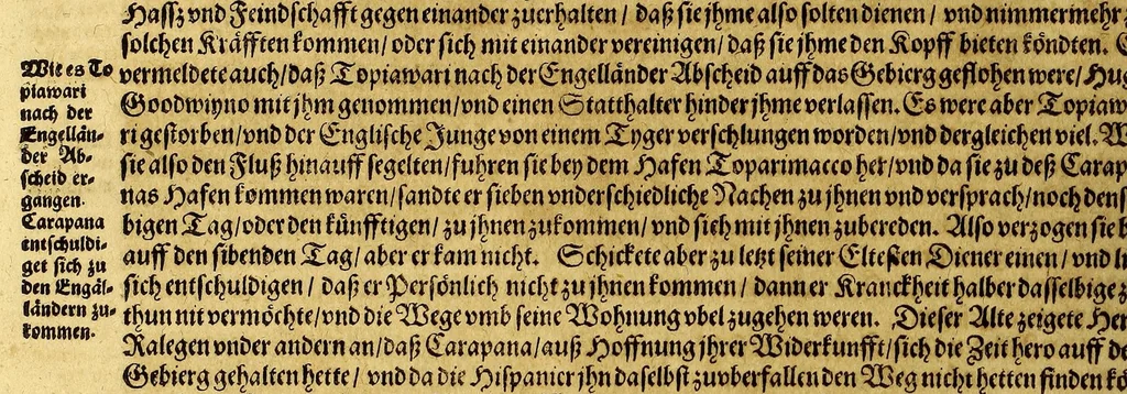 An illustration from America, das ist, Erfindung vnd Offenbahrung der Newen Welt, deroselbigen Völcker, Gestalt, Sitten, Gebräuch, Policey vnd Gottesdienst, in dreyssig vornemste Schifffahrten kürtzlich vnnd ordentlich zusammen gefasset, vnd mit seinen Marginalien vnnd Register erkläret:, 1617, leaf 300
