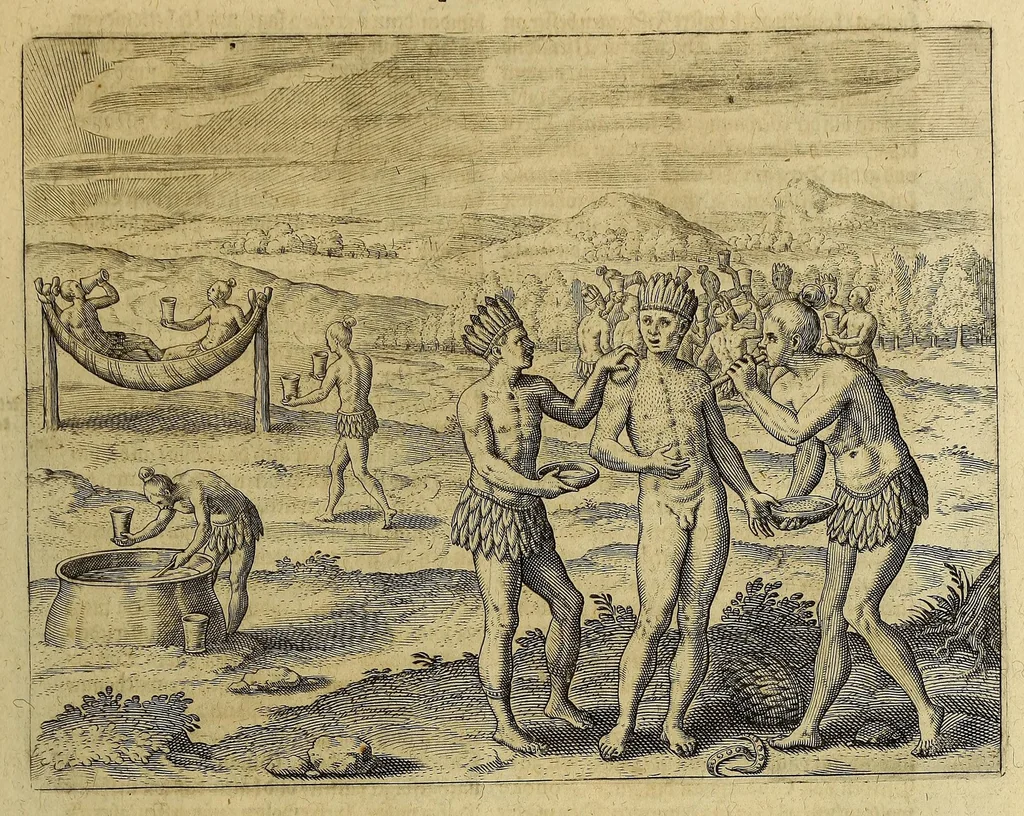 An illustration from Americae achter Theil, : darinnen erstlich beschrieben wird das mächtige vnd goldtreiche Königreich Guiana, zu norden dess grossen Flusses Orenoke. Endecket vnd beschrieben durch Herrn Walter Rhaleg, Rittern, vnd Hauptmann königlicher Mayestat in Engelland Leibsquardi. Zum andern, eine Reyse Herrn Thomas Candisch, Admirals, welcher im Jahr 1586. das Meer bey 13000. Englisher Meylen besegelt vnd anno 1588. wieder zu Hauss angelangt. Vnd dann drey sonderbare Reysen Herrn Frantzen Drakens, Ritters, so er in Jahren 1577. 1585. vnd 1595. vollbracht vnd was seine verrichtungen gewest., 1624, leaf 31