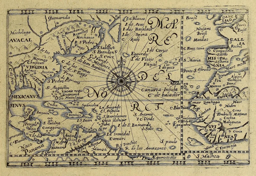 An illustration from Americae achter Theil, : darinnen erstlich beschrieben wird das mächtige vnd goldtreiche Königreich Guiana, zu norden dess grossen Flusses Orenoke. Endecket vnd beschrieben durch Herrn Walter Rhaleg, Rittern, vnd Hauptmann königlicher Mayestat in Engelland Leibsquardi. Zum andern, eine Reyse Herrn Thomas Candisch, Admirals, welcher im Jahr 1586. das Meer bey 13000. Englisher Meylen besegelt vnd anno 1588. wieder zu Hauss angelangt. Vnd dann drey sonderbare Reysen Herrn Frantzen Drakens, Ritters, so er in Jahren 1577. 1585. vnd 1595. vollbracht vnd was seine verrichtungen gewest., 1624, leaf 7