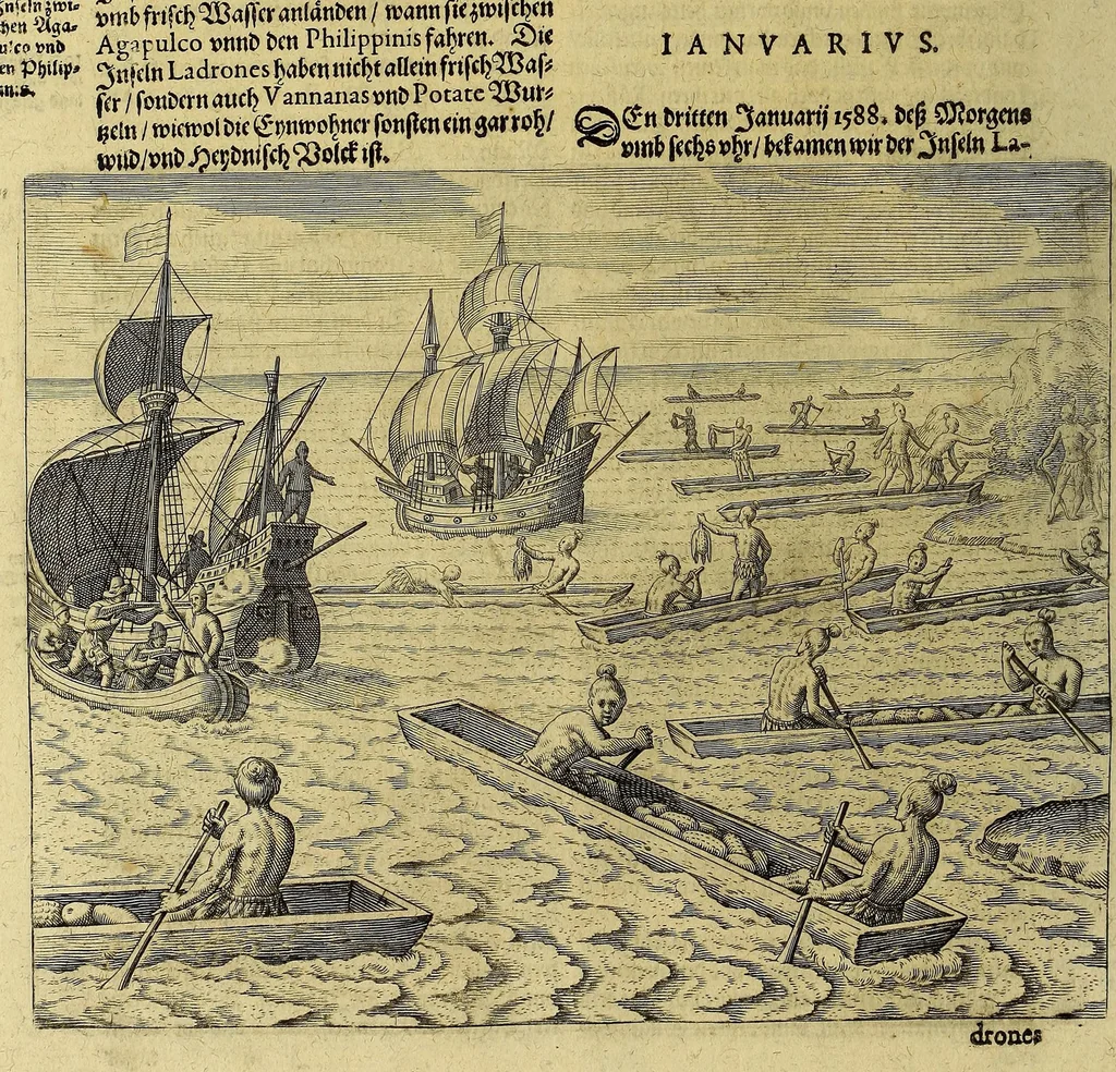 An illustration from Americae achter Theil, : darinnen erstlich beschrieben wird das mächtige vnd goldtreiche Königreich Guiana, zu norden dess grossen Flusses Orenoke. Endecket vnd beschrieben durch Herrn Walter Rhaleg, Rittern, vnd Hauptmann königlicher Mayestat in Engelland Leibsquardi. Zum andern, eine Reyse Herrn Thomas Candisch, Admirals, welcher im Jahr 1586. das Meer bey 13000. Englisher Meylen besegelt vnd anno 1588. wieder zu Hauss angelangt. Vnd dann drey sonderbare Reysen Herrn Frantzen Drakens, Ritters, so er in Jahren 1577. 1585. vnd 1595. vollbracht vnd was seine verrichtungen gewest., 1624, leaf 82