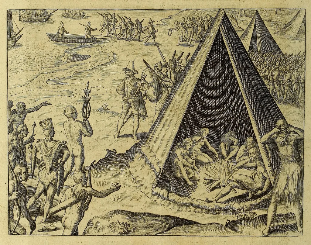An illustration from Americae achter Theil, : darinnen erstlich beschrieben wird das mächtige vnd goldtreiche Königreich Guiana, zu norden dess grossen Flusses Orenoke. Endecket vnd beschrieben durch Herrn Walter Rhaleg, Rittern, vnd Hauptmann königlicher Mayestat in Engelland Leibsquardi. Zum andern, eine Reyse Herrn Thomas Candisch, Admirals, welcher im Jahr 1586. das Meer bey 13000. Englisher Meylen besegelt vnd anno 1588. wieder zu Hauss angelangt. Vnd dann drey sonderbare Reysen Herrn Frantzen Drakens, Ritters, so er in Jahren 1577. 1585. vnd 1595. vollbracht vnd was seine verrichtungen gewest., 1624, leaf 96
