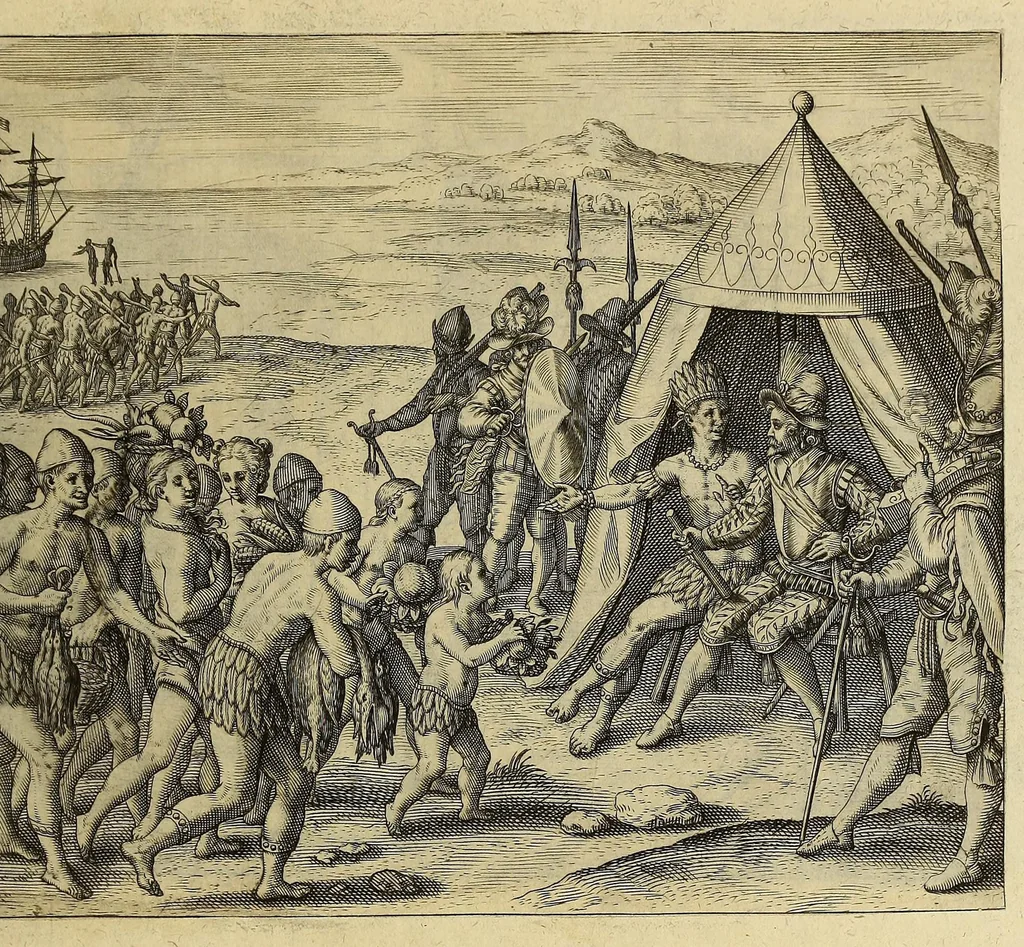 An illustration from Americae achter Theil, : in welchem erstlich beschrieben wirt das mächtige vnd goldtreiche Königreich Guiana, zu norden dess grossen Flusses Oronoke, sonsten Oregliana gennant, gelegen, sampt desselbigen fürnembsten vnd reichsten Hauptstätten Manoa vnd Macuieguarai, auch die fürnembste vnd köstlichste Kauffmannschafften die dieses Königreich vberflüssig in sich hat. Item, eine kurtze Beschreibung der vmbligenden Landtschafften Emereia, Arromaia, Amapaia, Topago, &c. in welchen neben andern Völckern die kriegische Weiber, von den alten Amazones genannt, wohnen, sampt kurtzer meldung 53-grosser Wasserströhm, vnter denen der Oronoke der gröste ist, vnd sich wol 500. Teutscher Meil in das Landt hineyn, bey nahe an die mächtige Statt Quito in Peru, erstreckt. Alles mit fleiss beschrieben durch den gestrengen, Edlen vn[d] vesten Walthern Ralegh, Rittern, vnd Hauptmann vber jrer Kön. Mayest. auss Engellandt Leibs Guardi, welcher neben dem auff dem Meer auch wolgeübten Hauptmann, Lorentz Keymis alles selber erfahren vnd gesehen hat im Jar 1595. vnd 1596. Zum andern, die reyse dess Edlen vnd vesten Thomas Candisch, welcher im Jar 1586. mit. 3. Schiffen in Engellandt aussgefahren, und nach dem er das Meer bey die 13000. Engelländischer Meil befelgt, in Anno 1588. wider an ist gelanget, sampt Erzehlung aller Abentheuwer Geschichten so jm auff dieser Reyss zu handen gestossen seynd. Durch Frantzen Prettie einen Engelländer, welcher dieser Fahrt persönlich hat beygewohnet, von Tag zu Tag auffgezeichnet. Vnd zum dritten die letzte Reyss der gestrengen, Edlen vnd vesten Frantzen Draeck vnd Iohan Hauckens, Rittern, welche Anno 1595. mit 6. der Königin und 21. andern Schiffen, darauff 2500. Mann gewesen, in Engellandt abgesegelt in die Occidentalische Indien, die Statt Panama eynzunemmen, auff welcher Reyse sie beyde jr Leben beschlossen haben., 1599, leaf 159