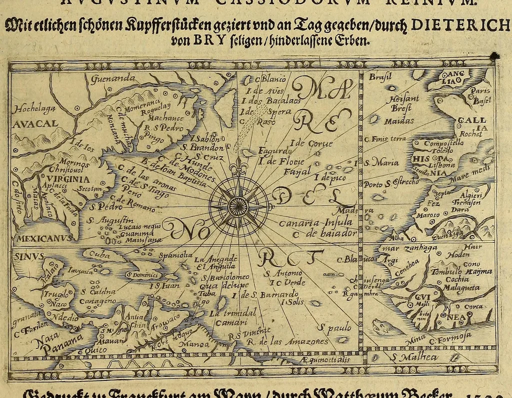 An illustration from Americae achter Theil, : in welchem erstlich beschrieben wirt das mächtige vnd goldtreiche Königreich Guiana, zu norden dess grossen Flusses Oronoke, sonsten Oregliana gennant, gelegen, sampt desselbigen fürnembsten vnd reichsten Hauptstätten Manoa vnd Macuieguarai, auch die fürnembste vnd köstlichste Kauffmannschafften die dieses Königreich vberflüssig in sich hat. Item, eine kurtze Beschreibung der vmbligenden Landtschafften Emereia, Arromaia, Amapaia, Topago, &c. in welchen neben andern Völckern die kriegische Weiber, von den alten Amazones genannt, wohnen, sampt kurtzer meldung 53-grosser Wasserströhm, vnter denen der Oronoke der gröste ist, vnd sich wol 500. Teutscher Meil in das Landt hineyn, bey nahe an die mächtige Statt Quito in Peru, erstreckt. Alles mit fleiss beschrieben durch den gestrengen, Edlen vn[d] vesten Walthern Ralegh, Rittern, vnd Hauptmann vber jrer Kön. Mayest. auss Engellandt Leibs Guardi, welcher neben dem auff dem Meer auch wolgeübten Hauptmann, Lorentz Keymis alles selber erfahren vnd gesehen hat im Jar 1595. vnd 1596. Zum andern, die reyse dess Edlen vnd vesten Thomas Candisch, welcher im Jar 1586. mit. 3. Schiffen in Engellandt aussgefahren, und nach dem er das Meer bey die 13000. Engelländischer Meil befelgt, in Anno 1588. wider an ist gelanget, sampt Erzehlung aller Abentheuwer Geschichten so jm auff dieser Reyss zu handen gestossen seynd. Durch Frantzen Prettie einen Engelländer, welcher dieser Fahrt persönlich hat beygewohnet, von Tag zu Tag auffgezeichnet. Vnd zum dritten die letzte Reyss der gestrengen, Edlen vnd vesten Frantzen Draeck vnd Iohan Hauckens, Rittern, welche Anno 1595. mit 6. der Königin und 21. andern Schiffen, darauff 2500. Mann gewesen, in Engellandt abgesegelt in die Occidentalische Indien, die Statt Panama eynzunemmen, auff welcher Reyse sie beyde jr Leben beschlossen haben., 1599, leaf 7