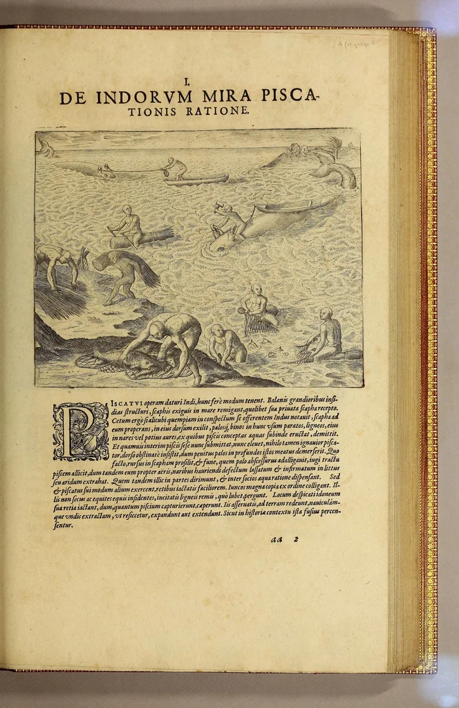 An illustration from Americae nona & postrema pars. : Qua de ratione elementorum: De novi orbis natura: de huius incolarum superstitiosis cultibus: deq[ue] forma politicae ac Republ. ipsorum copiosè pertractatur: catalogo regum Mexicanorum omnium, à primo usq[ue] ad vltimum Motec̦umam II. addito: cui etiam ritus eorum coronationis, ac sepulturae annectitur, cum enumeratione bellorum, quae mutuò Indi gesserunt. His accessit designatio illius navigationis, quam 5. naues Hollandicae anno 1598. per Fretum Magellanum in Moluccanas insulas tentarunt: quomodo nimirum oborta tempestate capitaneus Sebalt de Weert à caeteris nauibus dispulsus, postquam plurimis mensibus in freto infinitis aerumnis miserè iactatus fuisset, tandem infectare post biennium An[no] 1600. domum reuersus sit. Addita est tertio nauigatio recens, quam 4. nauium praefectus Olevier à Noort proximè suscepit: qui Freto Magellanico classe transmisso, triennij spatio vniuersum terrae orbem seu globum mira navigationis forte obiuit: annexis illis, quae in itinere isto singularia ac memorabiliora notata sunt., 1602, leaf 443