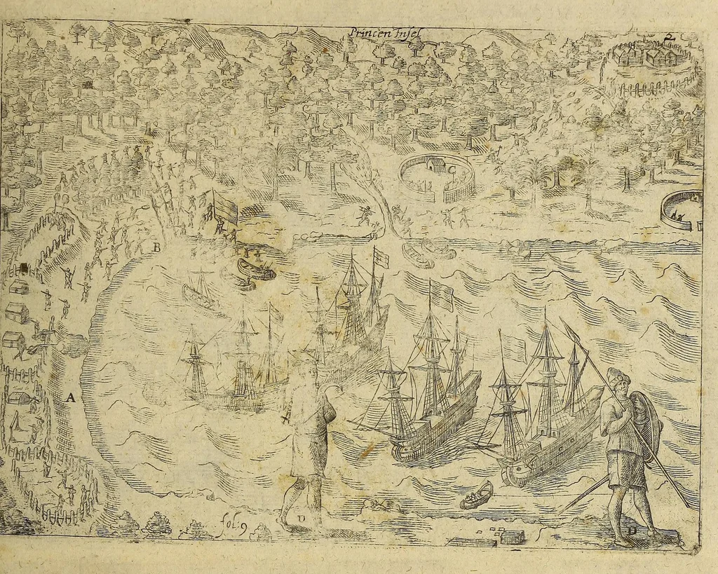 An illustration from Americae nona & postrema pars. : Qua de ratione elementorum: De novi orbis natura: de huius incolarum superstitiosis cultibus: deq[ue] forma politicae ac Republ. ipsorum copiosè pertractatur: catalogo regum Mexicanorum omnium, à primo usq[ue] ad vltimum Motec̦umam II. addito: cui etiam ritus eorum coronationis, ac sepulturae annectitur, cum enumeratione bellorum, quae mutuò Indi gesserunt. His accessit designatio illius navigationis, quam 5. naues Hollandicae anno 1598. per Fretum Magellanum in Moluccanas insulas tentarunt: quomodo nimirum oborta tempestate capitaneus Sebalt de Weert à caeteris nauibus dispulsus, postquam plurimis mensibus in freto infinitis aerumnis miserè iactatus fuisset, tandem infectare post biennium An[no] 1600. domum reuersus sit. Addita est tertio nauigatio recens, quam 4. nauium praefectus Olevier à Noort proximè suscepit: qui Freto Magellanico classe transmisso, triennij spatio vniuersum terrae orbem seu globum mira navigationis forte obiuit: annexis illis, quae in itinere isto singularia ac memorabiliora notata sunt., 1602, leaf 445