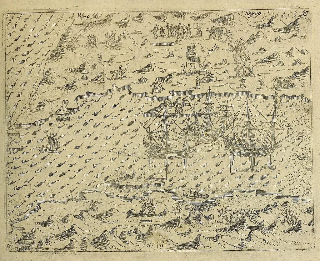 An illustration from Americae nona & postrema pars. : Qua de ratione elementorum: De novi orbis natura: de huius incolarum superstitiosis cultibus: deq[ue] forma politicae ac Republ. ipsorum copiosè pertractatur: catalogo regum Mexicanorum omnium, à primo usq[ue] ad vltimum Motec̦umam II. addito: cui etiam ritus eorum coronationis, ac sepulturae annectitur, cum enumeratione bellorum, quae mutuò Indi gesserunt. His accessit designatio illius navigationis, quam 5. naues Hollandicae anno 1598. per Fretum Magellanum in Moluccanas insulas tentarunt: quomodo nimirum oborta tempestate capitaneus Sebalt de Weert à caeteris nauibus dispulsus, postquam plurimis mensibus in freto infinitis aerumnis miserè iactatus fuisset, tandem infectare post biennium An[no] 1600. domum reuersus sit. Addita est tertio nauigatio recens, quam 4. nauium praefectus Olevier à Noort proximè suscepit: qui Freto Magellanico classe transmisso, triennij spatio vniuersum terrae orbem seu globum mira navigationis forte obiuit: annexis illis, quae in itinere isto singularia ac memorabiliora notata sunt., 1602, leaf 463