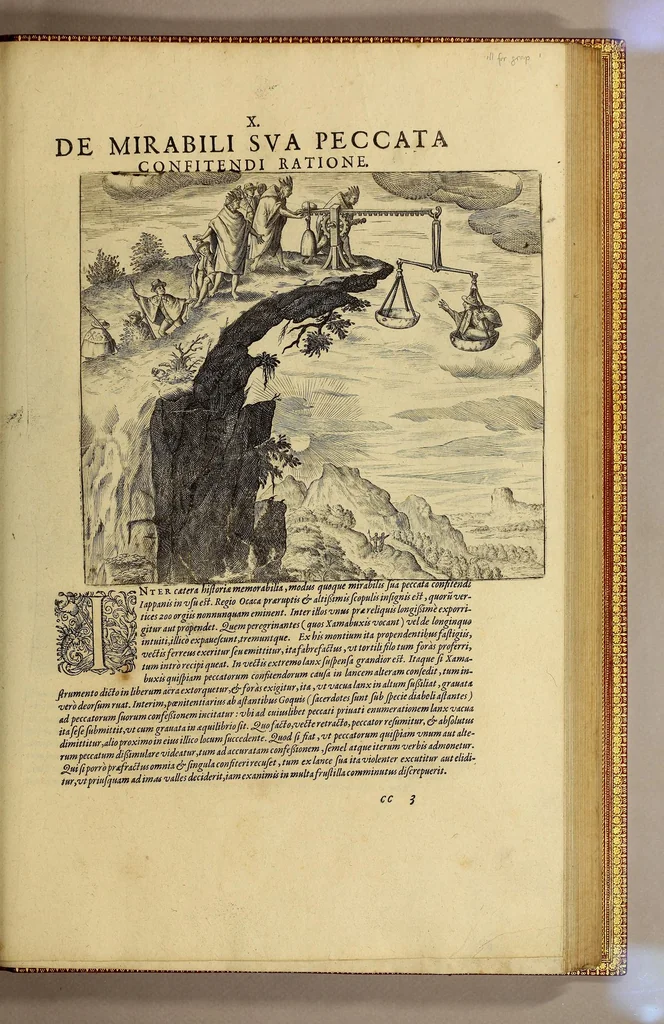 An illustration from Americae nona & postrema pars. : Qua de ratione elementorum: De novi orbis natura: de huius incolarum superstitiosis cultibus: deq[ue] forma politicae ac Republ. ipsorum copiosè pertractatur: catalogo regum Mexicanorum omnium, à primo usq[ue] ad vltimum Motec̦umam II. addito: cui etiam ritus eorum coronationis, ac sepulturae annectitur, cum enumeratione bellorum, quae mutuò Indi gesserunt. His accessit designatio illius navigationis, quam 5. naues Hollandicae anno 1598. per Fretum Magellanum in Moluccanas insulas tentarunt: quomodo nimirum oborta tempestate capitaneus Sebalt de Weert à caeteris nauibus dispulsus, postquam plurimis mensibus in freto infinitis aerumnis miserè iactatus fuisset, tandem infectare post biennium An[no] 1600. domum reuersus sit. Addita est tertio nauigatio recens, quam 4. nauium praefectus Olevier à Noort proximè suscepit: qui Freto Magellanico classe transmisso, triennij spatio vniuersum terrae orbem seu globum mira navigationis forte obiuit: annexis illis, quae in itinere isto singularia ac memorabiliora notata sunt., 1602, leaf 477