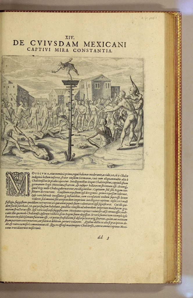 An illustration from Americae nona & postrema pars. : Qua de ratione elementorum: De novi orbis natura: de huius incolarum superstitiosis cultibus: deq[ue] forma politicae ac Republ. ipsorum copiosè pertractatur: catalogo regum Mexicanorum omnium, à primo usq[ue] ad vltimum Motec̦umam II. addito: cui etiam ritus eorum coronationis, ac sepulturae annectitur, cum enumeratione bellorum, quae mutuò Indi gesserunt. His accessit designatio illius navigationis, quam 5. naues Hollandicae anno 1598. per Fretum Magellanum in Moluccanas insulas tentarunt: quomodo nimirum oborta tempestate capitaneus Sebalt de Weert à caeteris nauibus dispulsus, postquam plurimis mensibus in freto infinitis aerumnis miserè iactatus fuisset, tandem infectare post biennium An[no] 1600. domum reuersus sit. Addita est tertio nauigatio recens, quam 4. nauium praefectus Olevier à Noort proximè suscepit: qui Freto Magellanico classe transmisso, triennij spatio vniuersum terrae orbem seu globum mira navigationis forte obiuit: annexis illis, quae in itinere isto singularia ac memorabiliora notata sunt., 1602, leaf 489