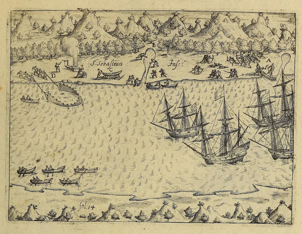 An illustration from Americae nona & postrema pars. : Qua de ratione elementorum: De novi orbis natura: de huius incolarum superstitiosis cultibus: deq[ue] forma politicae ac Republ. ipsorum copiosè pertractatur: catalogo regum Mexicanorum omnium, à primo usq[ue] ad vltimum Motec̦umam II. addito: cui etiam ritus eorum coronationis, ac sepulturae annectitur, cum enumeratione bellorum, quae mutuò Indi gesserunt. His accessit designatio illius navigationis, quam 5. naues Hollandicae anno 1598. per Fretum Magellanum in Moluccanas insulas tentarunt: quomodo nimirum oborta tempestate capitaneus Sebalt de Weert à caeteris nauibus dispulsus, postquam plurimis mensibus in freto infinitis aerumnis miserè iactatus fuisset, tandem infectare post biennium An[no] 1600. domum reuersus sit. Addita est tertio nauigatio recens, quam 4. nauium praefectus Olevier à Noort proximè suscepit: qui Freto Magellanico classe transmisso, triennij spatio vniuersum terrae orbem seu globum mira navigationis forte obiuit: annexis illis, quae in itinere isto singularia ac memorabiliora notata sunt., 1602, leaf 625