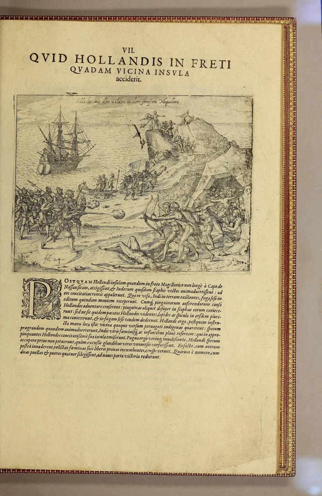 An illustration from Americae nona & postrema pars. : Qua de ratione elementorum: De novi orbis natura: de huius incolarum superstitiosis cultibus: deq[ue] forma politicae ac Republ. ipsorum copiosè pertractatur: catalogo regum Mexicanorum omnium, à primo usq[ue] ad vltimum Motec̦umam II. addito: cui etiam ritus eorum coronationis, ac sepulturae annectitur, cum enumeratione bellorum, quae mutuò Indi gesserunt. His accessit designatio illius navigationis, quam 5. naues Hollandicae anno 1598. per Fretum Magellanum in Moluccanas insulas tentarunt: quomodo nimirum oborta tempestate capitaneus Sebalt de Weert à caeteris nauibus dispulsus, postquam plurimis mensibus in freto infinitis aerumnis miserè iactatus fuisset, tandem infectare post biennium An[no] 1600. domum reuersus sit. Addita est tertio nauigatio recens, quam 4. nauium praefectus Olevier à Noort proximè suscepit: qui Freto Magellanico classe transmisso, triennij spatio vniuersum terrae orbem seu globum mira navigationis forte obiuit: annexis illis, quae in itinere isto singularia ac memorabiliora notata sunt., 1602, leaf 631