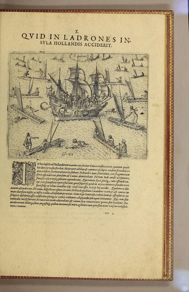 An illustration from Americae nona & postrema pars. : Qua de ratione elementorum: De novi orbis natura: de huius incolarum superstitiosis cultibus: deq[ue] forma politicae ac Republ. ipsorum copiosè pertractatur: catalogo regum Mexicanorum omnium, à primo usq[ue] ad vltimum Motec̦umam II. addito: cui etiam ritus eorum coronationis, ac sepulturae annectitur, cum enumeratione bellorum, quae mutuò Indi gesserunt. His accessit designatio illius navigationis, quam 5. naues Hollandicae anno 1598. per Fretum Magellanum in Moluccanas insulas tentarunt: quomodo nimirum oborta tempestate capitaneus Sebalt de Weert à caeteris nauibus dispulsus, postquam plurimis mensibus in freto infinitis aerumnis miserè iactatus fuisset, tandem infectare post biennium An[no] 1600. domum reuersus sit. Addita est tertio nauigatio recens, quam 4. nauium praefectus Olevier à Noort proximè suscepit: qui Freto Magellanico classe transmisso, triennij spatio vniuersum terrae orbem seu globum mira navigationis forte obiuit: annexis illis, quae in itinere isto singularia ac memorabiliora notata sunt., 1602, leaf 637