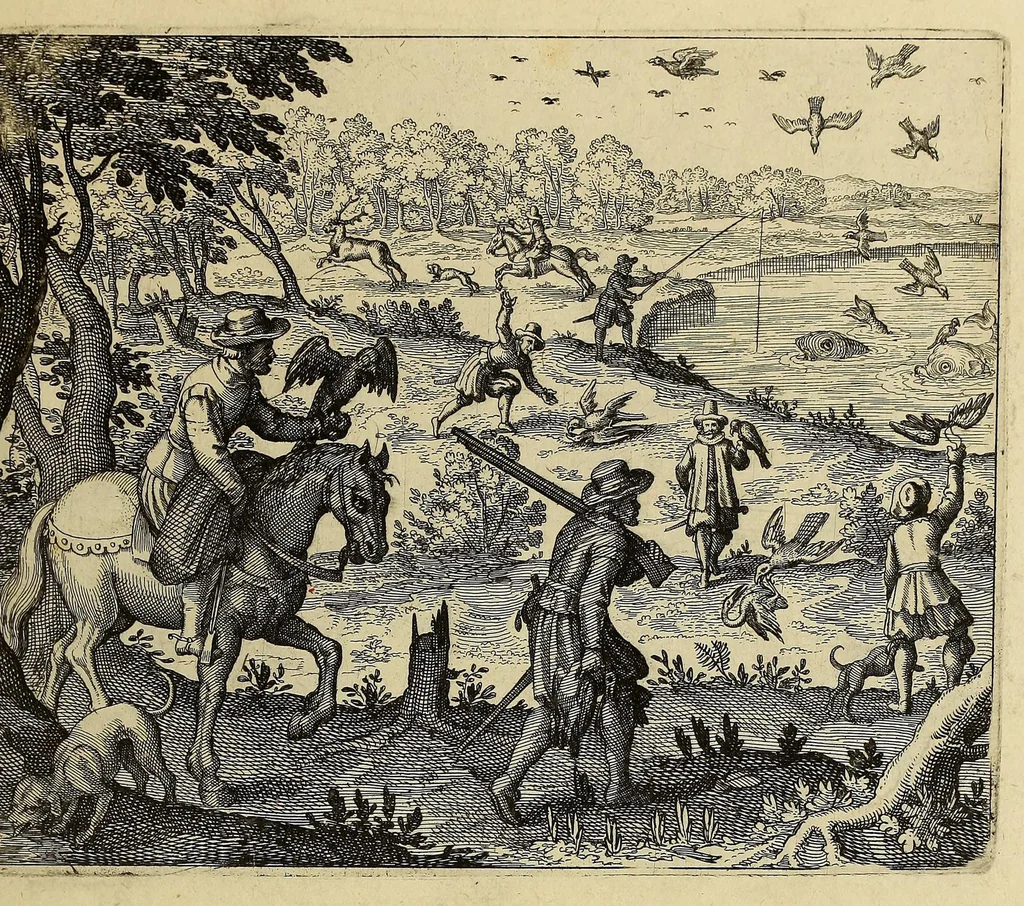 An illustration from Americae pars decima: : quae continentur, I. Duae navigationes Dn. Americi Vesputii, sub auspiciis Castellani regis, Ferdinandi susceptae. II. Solida narratio de moderno provinciae Virginiae statu, qua ratione tandem pax cum Indianis coaluerit, ac castella aliquot ad regionis praesidium ab Anglis extructa fuerint; additâ historiâ lectu jucundissimâ, quomodo Pokahuntas, regis Virginiae Powhatani filia, primori cuidam Anglo nupserit; authore Raphe Hamor Virginiae secretario. III. Vera descriptio Novae Angliae, quae Americae pars ad septentrionalem Indiam spectat, à capitaneo Johanne Schmidt, equite atque admirali delineata: cui accessit discursus, quomodo in secunda navigatione à Gallis captus, anno 1616. demum liberatus fuerit. Omnia nunc primùm in lucem edita, atque eleganter in aes incisis iconibus illustrata, / sumptibus ac studio Johann-Theodori de Bry, 1619, leaf 105