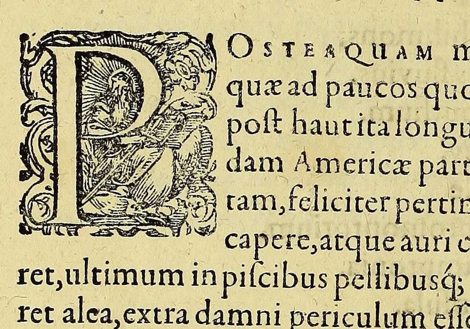 An illustration from Americae pars decima: : quae continentur, I. Duae navigationes Dn. Americi Vesputii, sub auspiciis Castellani regis, Ferdinandi susceptae. II. Solida narratio de moderno provinciae Virginiae statu, qua ratione tandem pax cum Indianis coaluerit, ac castella aliquot ad regionis praesidium ab Anglis extructa fuerint; additâ historiâ lectu jucundissimâ, quomodo Pokahuntas, regis Virginiae Powhatani filia, primori cuidam Anglo nupserit; authore Raphe Hamor Virginiae secretario. III. Vera descriptio Novae Angliae, quae Americae pars ad septentrionalem Indiam spectat, à capitaneo Johanne Schmidt, equite atque admirali delineata: cui accessit discursus, quomodo in secunda navigatione à Gallis captus, anno 1616. demum liberatus fuerit. Omnia nunc primùm in lucem edita, atque eleganter in aes incisis iconibus illustrata, / sumptibus ac studio Johann-Theodori de Bry, 1619, leaf 56
