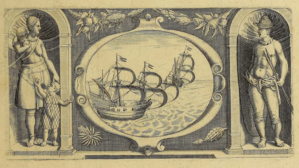 An illustration from Americae pars decima: : quae continentur, I. Duae navigationes Dn. Americi Vesputii, sub auspiciis Castellani regis, Ferdinandi susceptae. II. Solida narratio de moderno provinciae Virginiae statu, qua ratione tandem pax cum Indianis coaluerit, ac castella aliquot ad regionis praesidium ab Anglis extructa fuerint; additâ historiâ lectu jucundissimâ, quomodo Pokahuntas, regis Virginiae Powhatani filia, primori cuidam Anglo nupserit; authore Raphe Hamor Virginiae secretario. III. Vera descriptio Novae Angliae, quae Americae pars ad septentrionalem Indiam spectat, à capitaneo Johanne Schmidt, equite atque admirali delineata: cui accessit discursus, quomodo in secunda navigatione à Gallis captus, anno 1616. demum liberatus fuerit. Omnia nunc primùm in lucem edita, atque eleganter in aes incisis iconibus illustrata, / sumptibus ac studio Johann-Theodori de Bry, 1619, leaf 7