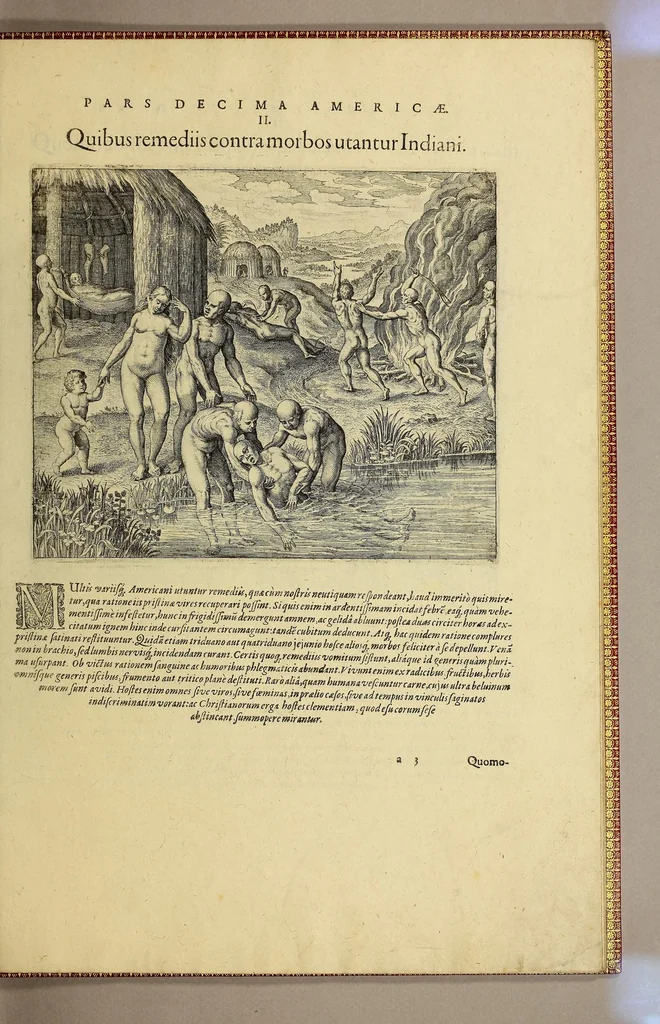 An illustration from Americae pars decima: : quae continentur, I. Duae navigationes Dn. Americi Vesputii, sub auspiciis Castellani regis, Ferdinandi susceptae. II. Solida narratio de moderno provinciae Virginiae statu, qua ratione tandem pax cum Indianis coaluerit, ac castella aliquot ad regionis praesidium ab Anglis extructa fuerint; additâ historiâ lectu jucundissimâ, quomodo Pokahuntas, regis Virginiae Powhatani filia, primori cuidam Anglo nupserit; authore Raphe Hamor Virginiae secretario. III. Vera descriptio Novae Angliae, quae Americae pars ad septentrionalem Indiam spectat, à capitaneo Johanne Schmidt, equite atque admirali delineata: cui accessit discursus, quomodo in secunda navigatione à Gallis captus, anno 1616. demum liberatus fuerit. Omnia nunc primùm in lucem edita, atque eleganter in aes incisis iconibus illustrata, / sumptibus ac studio Johann-Theodori de Bry, 1619, leaf 85