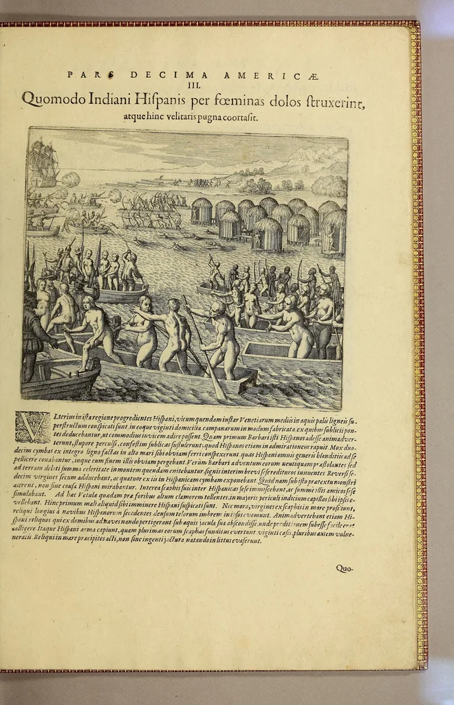 An illustration from Americae pars decima: : quae continentur, I. Duae navigationes Dn. Americi Vesputii, sub auspiciis Castellani regis, Ferdinandi susceptae. II. Solida narratio de moderno provinciae Virginiae statu, qua ratione tandem pax cum Indianis coaluerit, ac castella aliquot ad regionis praesidium ab Anglis extructa fuerint; additâ historiâ lectu jucundissimâ, quomodo Pokahuntas, regis Virginiae Powhatani filia, primori cuidam Anglo nupserit; authore Raphe Hamor Virginiae secretario. III. Vera descriptio Novae Angliae, quae Americae pars ad septentrionalem Indiam spectat, à capitaneo Johanne Schmidt, equite atque admirali delineata: cui accessit discursus, quomodo in secunda navigatione à Gallis captus, anno 1616. demum liberatus fuerit. Omnia nunc primùm in lucem edita, atque eleganter in aes incisis iconibus illustrata, / sumptibus ac studio Johann-Theodori de Bry, 1619, leaf 87