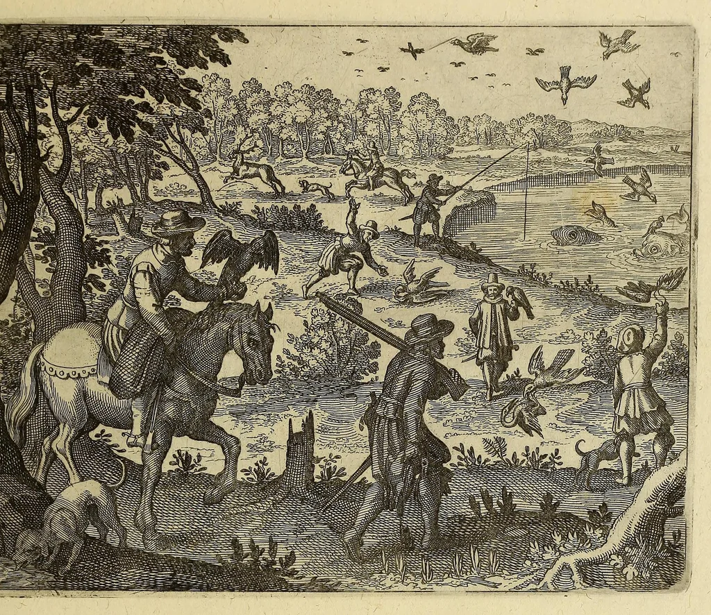 An illustration from Americae pars decima: : quae continentur, I. Duae navigationes Dn. Americi Vesputii, sub auspiciis Castellani regis, Ferdinandi susceptae. II. Solida narratio de moderno provinciae Virginiae statu, qua ratione tandem pax cum Indianis coaluerit, ac castella aliquot ad regionis praesidium ab Anglis extructa fuerint; additâ historiâ lectu jucundissimâ, quomodo Pokahuntas, regis Virginiae Powhatani filia, primori cuidam Anglo nupserit; authore Raphe Hamor Virginiae secretario. III. Vera descriptio Novae Angliae, quae Americae pars ad septentrionalem Indiam spectat, à capitaneo Johanne Schmidt, equite atque admirali delineata: cui accessit discursus, quomodo in secunda navigatione à Gallis captus, anno 1616. demum liberatus fuerit. Omnia nunc primùm in lucem edita, atque eleganter in aes incisis iconibus illustrata, / sumptibus ac studio Johann-Theodori de Bry, 1619, leaf 103
