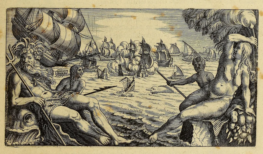 An illustration from Americae pars decima: : quae continentur, I. Duae navigationes Dn. Americi Vesputii, sub auspiciis Castellani regis, Ferdinandi susceptae. II. Solida narratio de moderno provinciae Virginiae statu, qua ratione tandem pax cum Indianis coaluerit, ac castella aliquot ad regionis praesidium ab Anglis extructa fuerint; additâ historiâ lectu jucundissimâ, quomodo Pokahuntas, regis Virginiae Powhatani filia, primori cuidam Anglo nupserit; authore Raphe Hamor Virginiae secretario. III. Vera descriptio Novae Angliae, quae Americae pars ad septentrionalem Indiam spectat, à capitaneo Johanne Schmidt, equite atque admirali delineata: cui accessit discursus, quomodo in secunda navigatione à Gallis captus, anno 1616. demum liberatus fuerit. Omnia nunc primùm in lucem edita, atque eleganter in aes incisis iconibus illustrata, / sumptibus ac studio Johann-Theodori de Bry, 1619, leaf 7