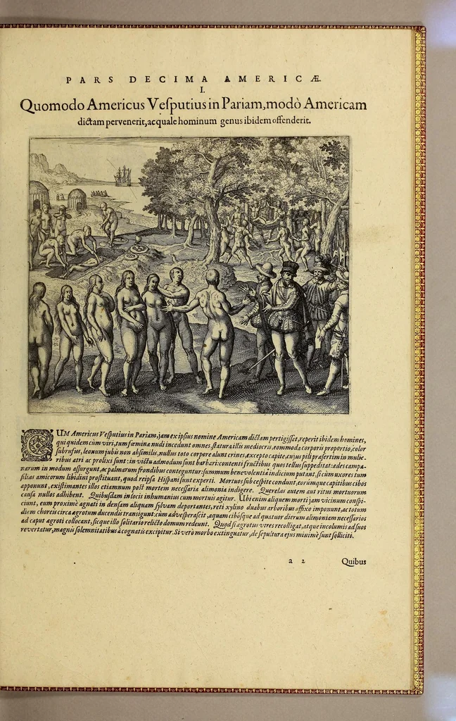 An illustration from Americae pars decima: : quae continentur, I. Duae navigationes Dn. Americi Vesputii, sub auspiciis Castellani regis, Ferdinandi susceptae. II. Solida narratio de moderno provinciae Virginiae statu, qua ratione tandem pax cum Indianis coaluerit, ac castella aliquot ad regionis praesidium ab Anglis extructa fuerint; additâ historiâ lectu jucundissimâ, quomodo Pokahuntas, regis Virginiae Powhatani filia, primori cuidam Anglo nupserit; authore Raphe Hamor Virginiae secretario. III. Vera descriptio Novae Angliae, quae Americae pars ad septentrionalem Indiam spectat, à capitaneo Johanne Schmidt, equite atque admirali delineata: cui accessit discursus, quomodo in secunda navigatione à Gallis captus, anno 1616. demum liberatus fuerit. Omnia nunc primùm in lucem edita, atque eleganter in aes incisis iconibus illustrata, / sumptibus ac studio Johann-Theodori de Bry, 1619, leaf 81