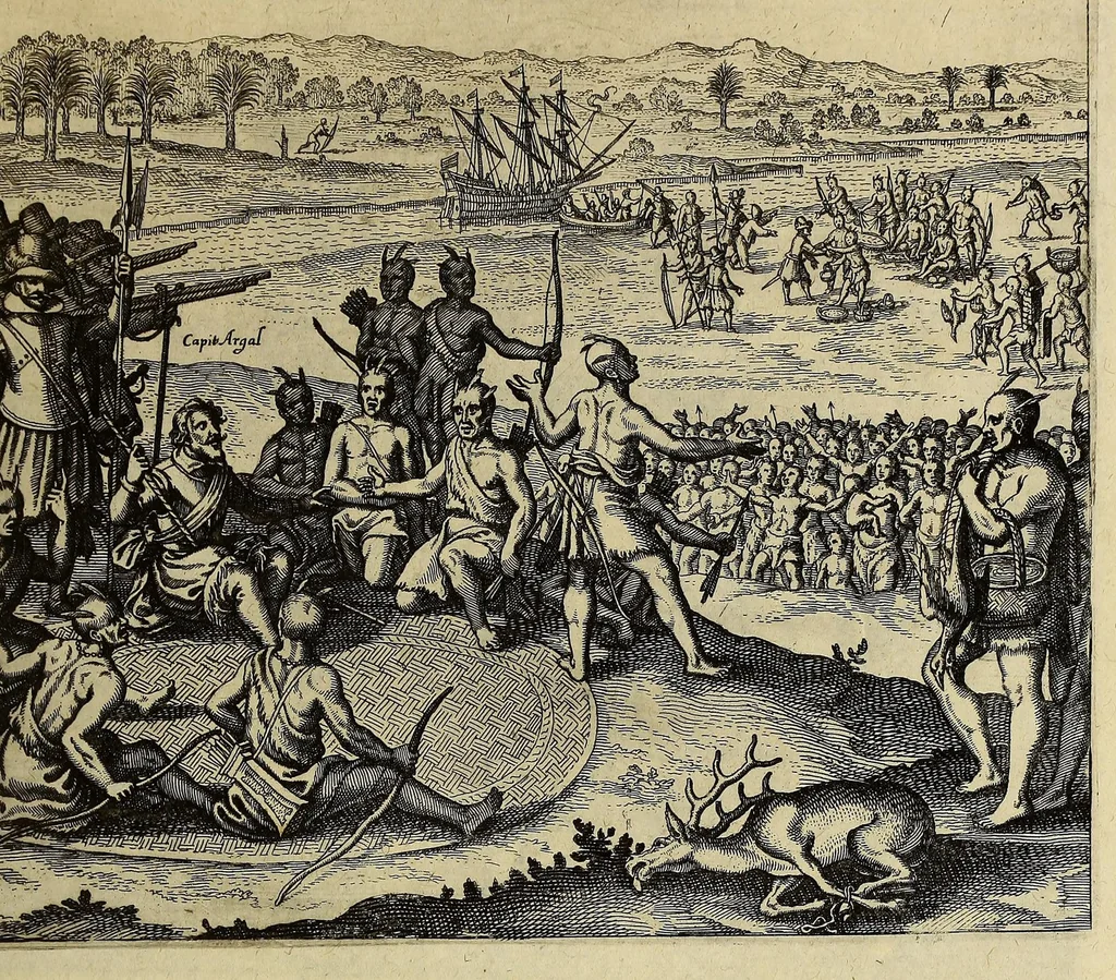 An illustration from Americae pars decima: : quae continentur, I. Duae navigationes Dn. Americi Vesputii, sub auspiciis Castellani regis, Ferdinandi susceptae. II. Solida narratio de moderno provinciae Virginiae statu, qua ratione tandem pax cum Indianis coaluerit, ac castella aliquot ad regionis praesidium ab Anglis extructa fuerint; additâ historiâ lectu jucundissimâ, quomodo Pokahuntas, regis Virginiae Powhatani filia, primori cuidam Anglo nupserit; authore Raphe Hamor Virginiae secretario. III. Vera descriptio Novae Angliae, quae Americae pars ad septentrionalem Indiam spectat, à capitaneo Johanne Schmidt, equite atque admirali delineata: cui accessit discursus, quomodo in secunda navigatione à Gallis captus, anno 1616. demum liberatus fuerit. Omnia nunc primùm in lucem edita, atque eleganter in aes incisis iconibus illustrata, / sumptibus ac studio Johann-Theodori de Bry, 1619, leaf 97