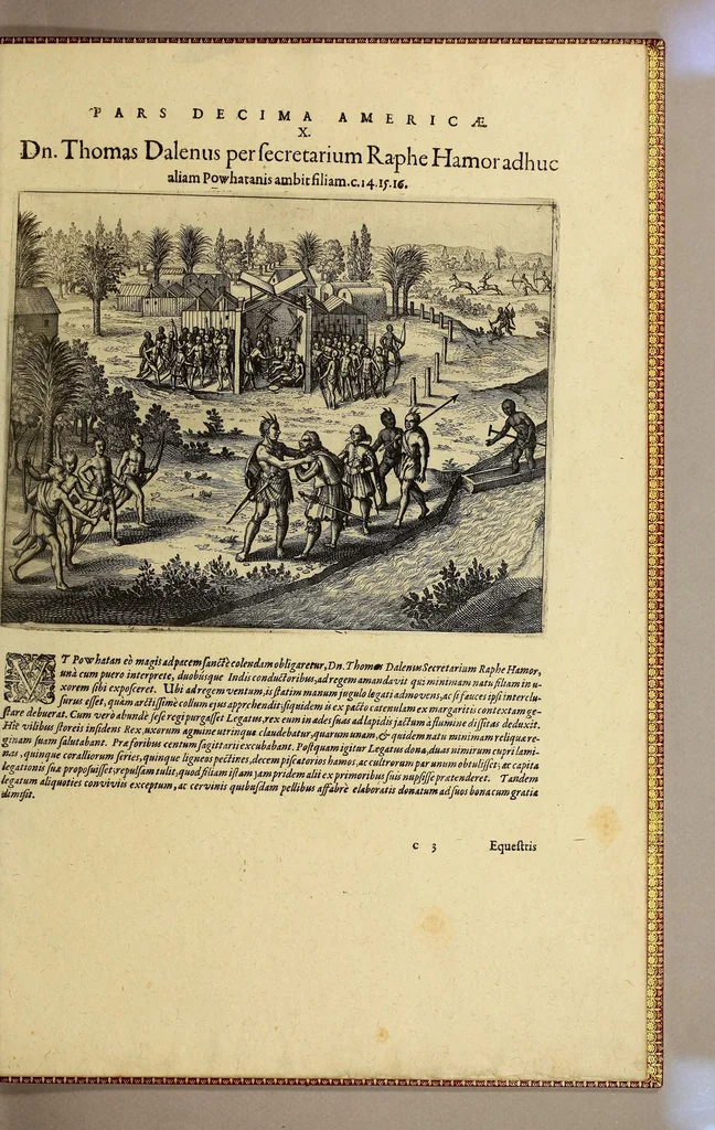 An illustration from Americae pars decima: : quae continentur, I. Duae navigationes Dn. Americi Vesputii, sub auspiciis Castellani regis, Ferdinandi susceptae. II. Solida narratio de moderno provinciae Virginiae statu, qua ratione tandem pax cum Indianis coaluerit, ac castella aliquot ad regionis praesidium ab Anglis extructa fuerint; additâ historiâ lectu jucundissimâ, quomodo Pokahuntas, regis Virginiae Powhatani filia, primori cuidam Anglo nupserit; authore Raphe Hamor Virginiae secretario. III. Vera descriptio Novae Angliae, quae Americae pars ad septentrionalem Indiam spectat, à capitaneo Johanne Schmidt, equite atque admirali delineata: cui accessit discursus, quomodo in secunda navigatione à Gallis captus, anno 1616. demum liberatus fuerit. Omnia nunc primùm in lucem edita, atque eleganter in aes incisis iconibus illustrata, / sumptibus ac studio Johann-Theodori de Bry, 1619, leaf 99
