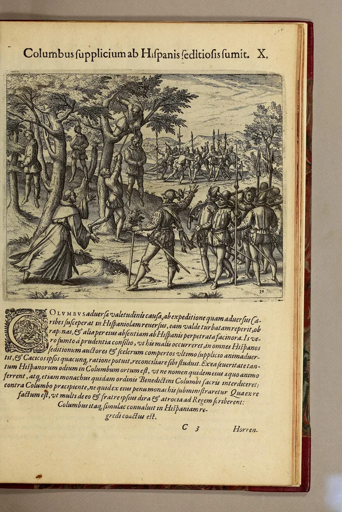 An illustration from Americae pars quarta. Sive, Insignis & admiranda historia de reperta primùm Occidentali India à Christophoro Columbo anno M CCCCXCII, 1594, leaf 187