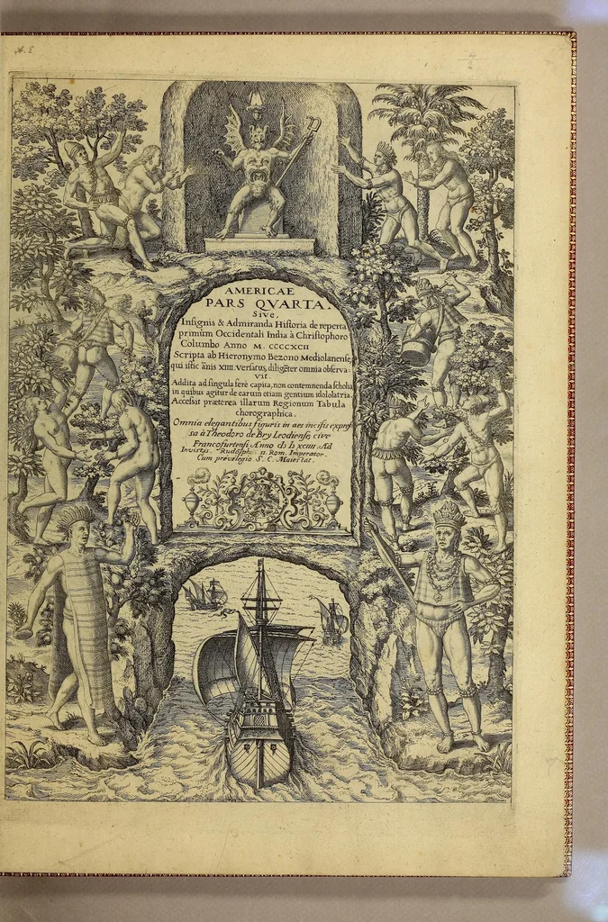 An illustration from Americae pars quarta. Sive, Insignis & admiranda historia de reperta primùm Occidentali India à Christophoro Columbo anno M CCCCXCII, 1594, leaf 7