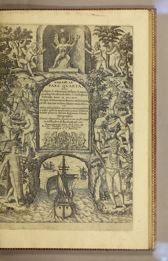 An illustration from Americae pars quarta. Sive, Insignis & admiranda historia de reperta primùm Occidentali India à Christophoro Columbo anno M CCCCXCII, 1594, leaf 167