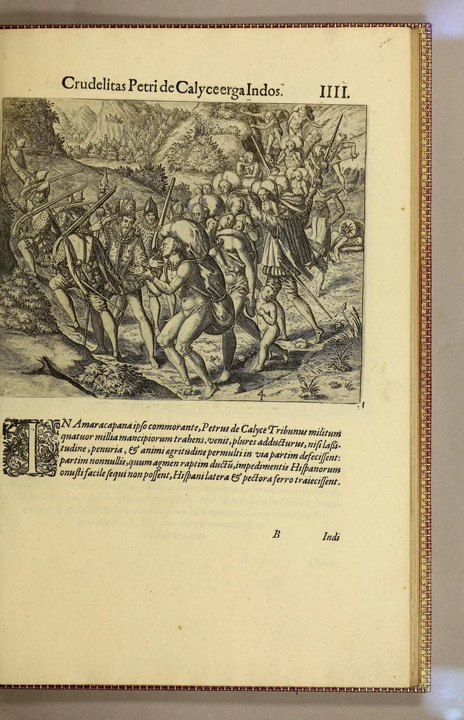 An illustration from Americae pars quarta. Sive, Insignis & admiranda historia de reperta primùm Occidentali India à Christophoro Columbo anno M CCCCXCII, 1594, leaf 175