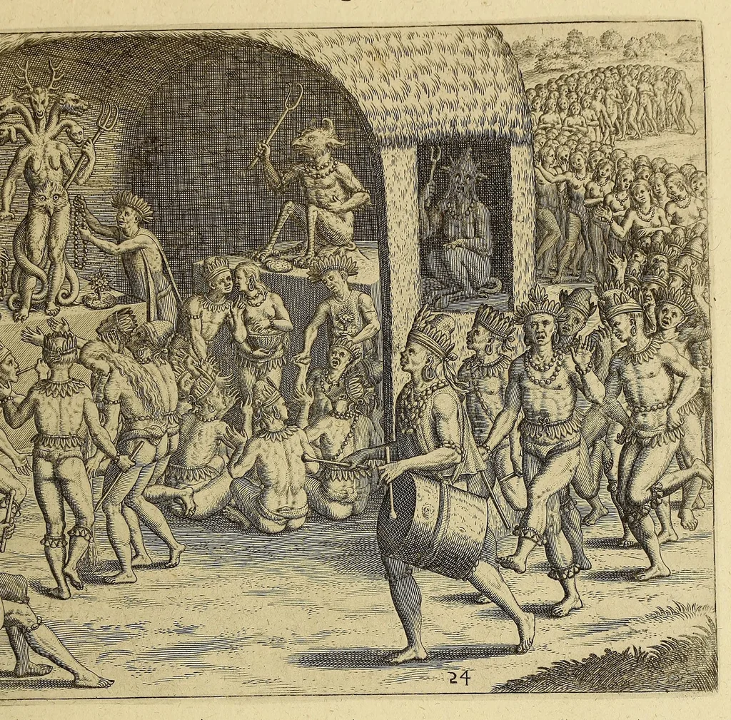 An illustration from Americae pars quarta. Sive, Insignis & admiranda historia de reperta primùm Occidentali India à Christophoro Columbo anno M CCCCXCII, 1594, leaf 215