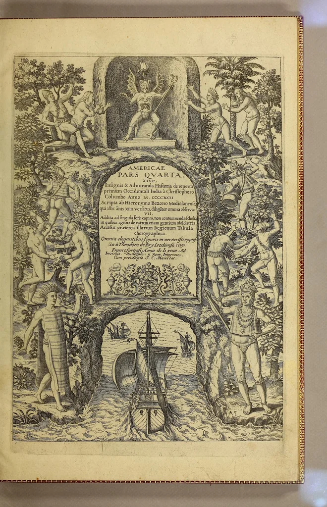 An illustration from Americae pars quarta. Sive, Insignis & admiranda historia de reperta primùm Occidentali India à Christophoro Columbo anno M CCCCXCII, 1594, leaf 7