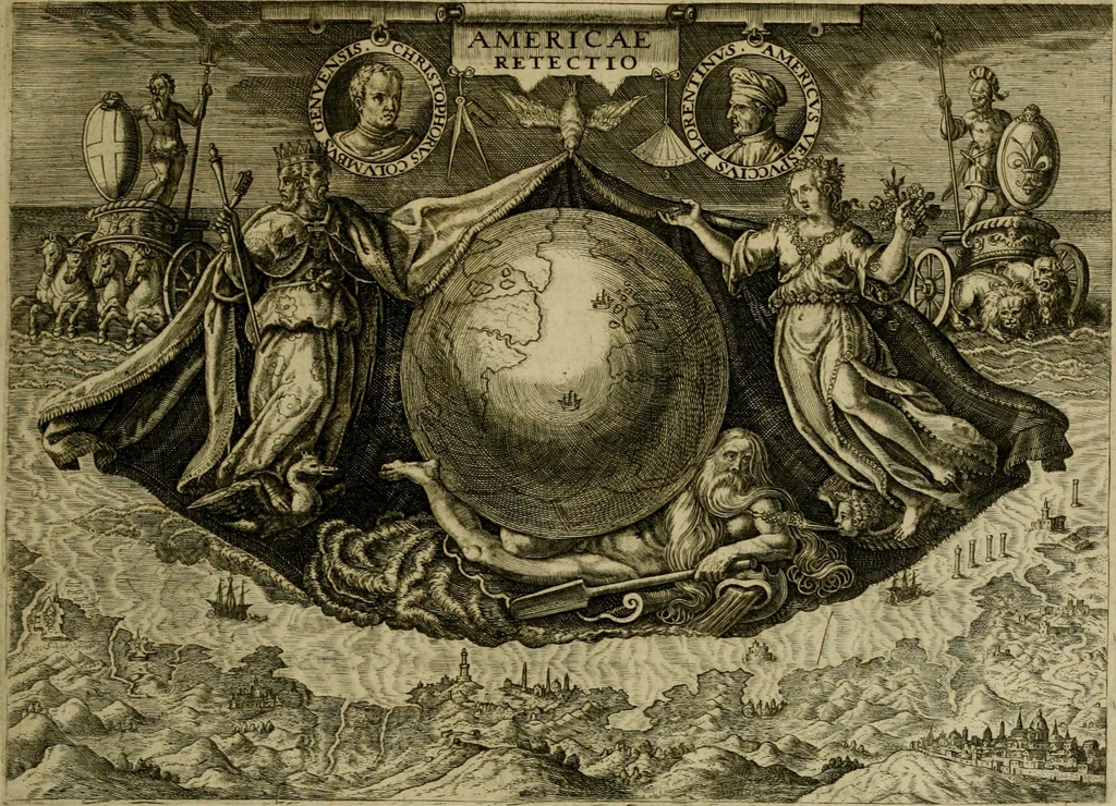 An illustration from Americae pars qvarta, siue, Insignis & admiranda historia de reperta primùm Occidentali India à Christophoro Columbo anno M. CCCCXCII, 1594, leaf 12