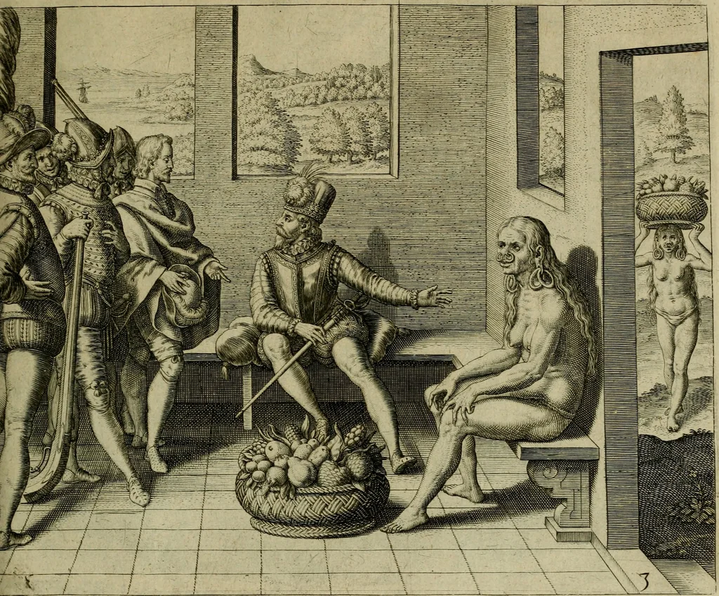 An illustration from Americae pars qvarta, siue, Insignis & admiranda historia de reperta primùm Occidentali India à Christophoro Columbo anno M. CCCCXCII, 1594, leaf 168