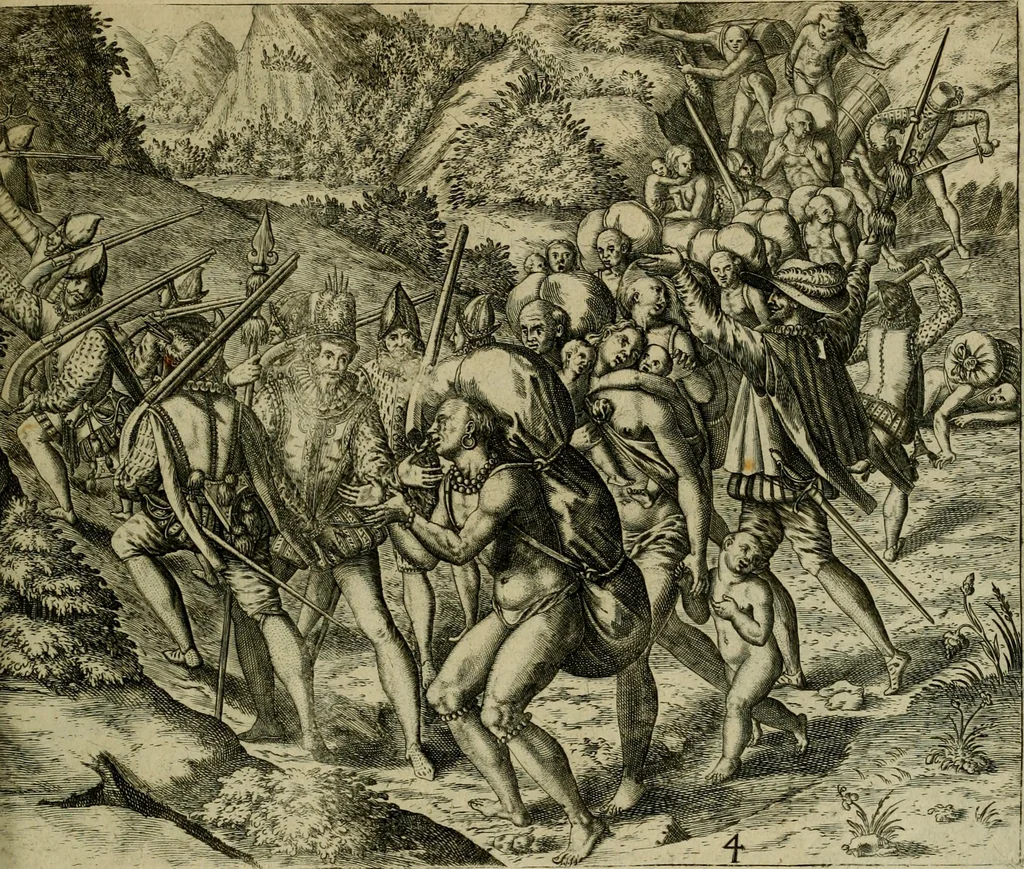 An illustration from Americae pars qvarta, siue, Insignis & admiranda historia de reperta primùm Occidentali India à Christophoro Columbo anno M. CCCCXCII, 1594, leaf 170