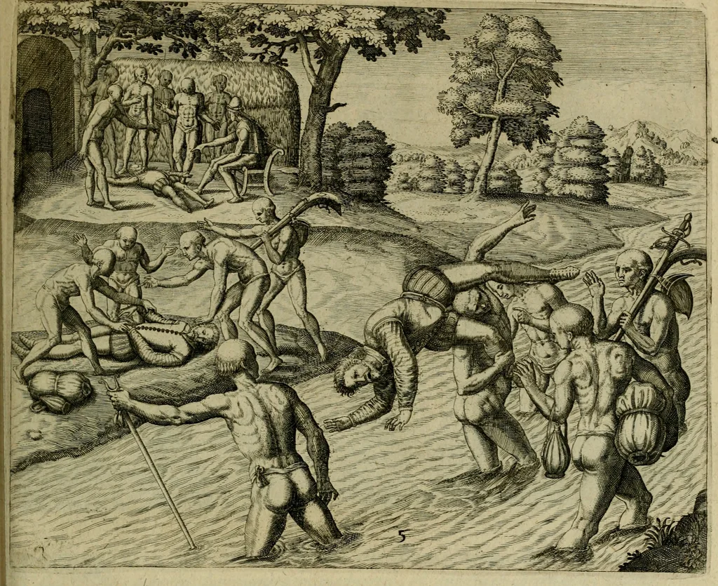 An illustration from Americae pars qvarta, siue, Insignis & admiranda historia de reperta primùm Occidentali India à Christophoro Columbo anno M. CCCCXCII, 1594, leaf 172