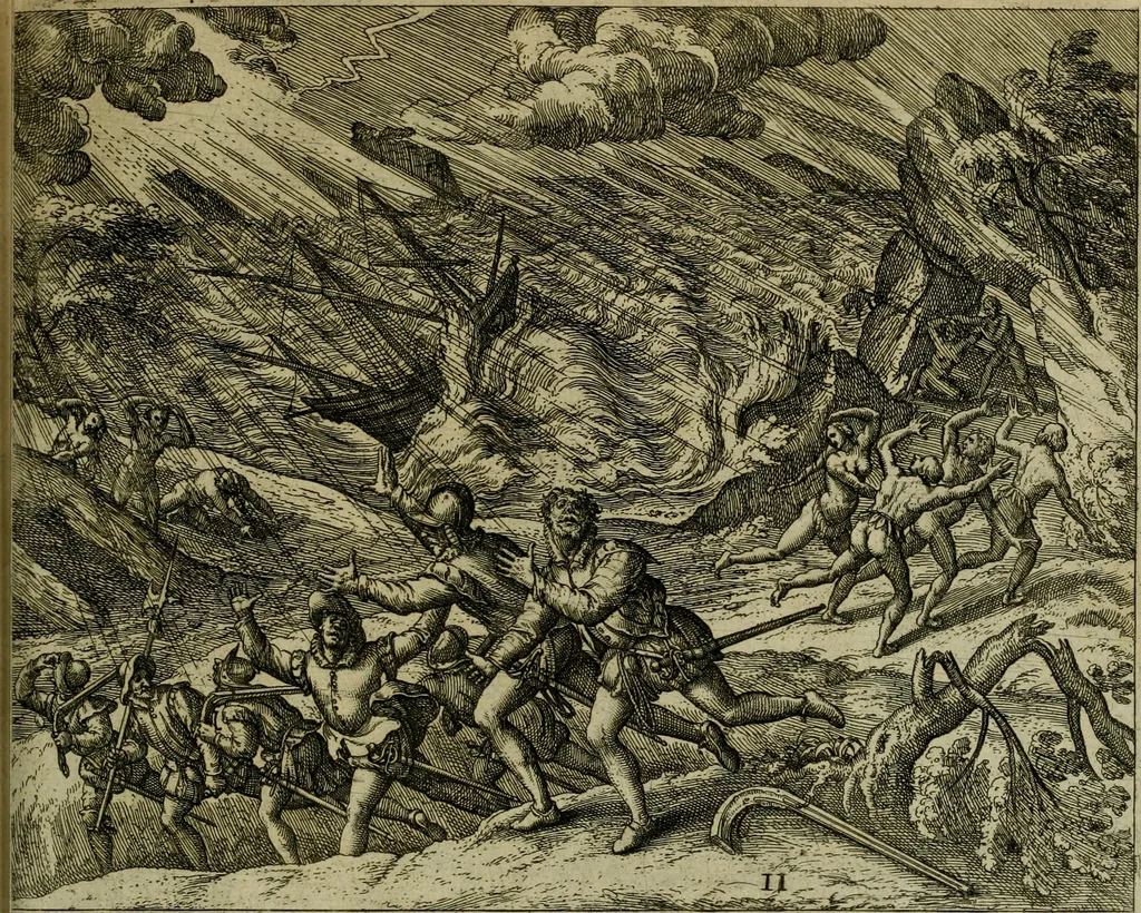 An illustration from Americae pars qvarta, siue, Insignis & admiranda historia de reperta primùm Occidentali India à Christophoro Columbo anno M. CCCCXCII, 1594, leaf 184