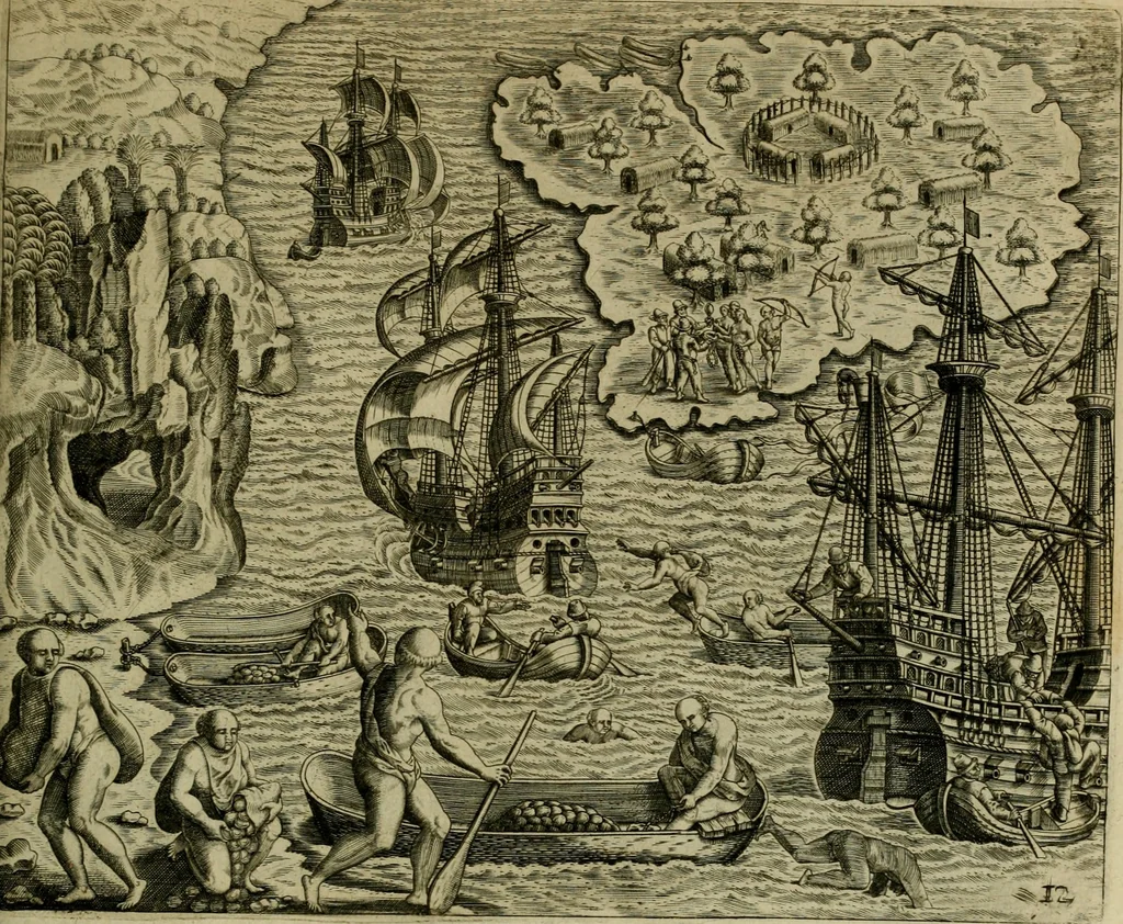An illustration from Americae pars qvarta, siue, Insignis & admiranda historia de reperta primùm Occidentali India à Christophoro Columbo anno M. CCCCXCII, 1594, leaf 186