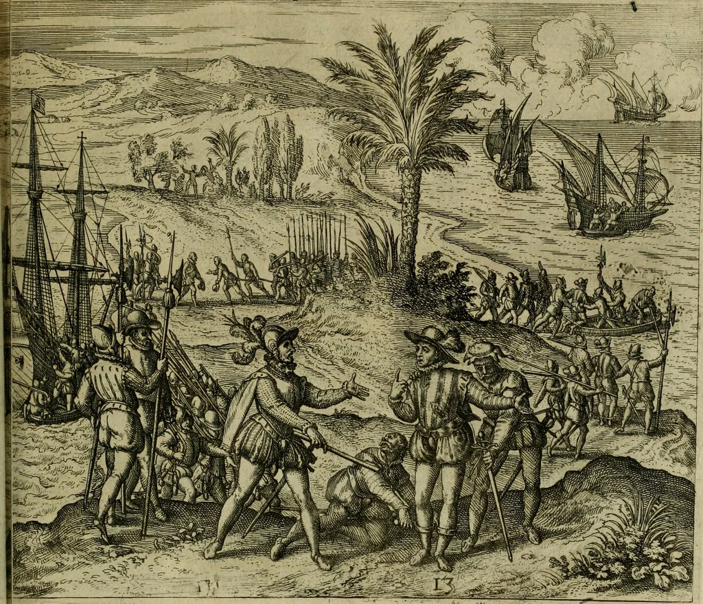 An illustration from Americae pars qvarta, siue, Insignis & admiranda historia de reperta primùm Occidentali India à Christophoro Columbo anno M. CCCCXCII, 1594, leaf 188