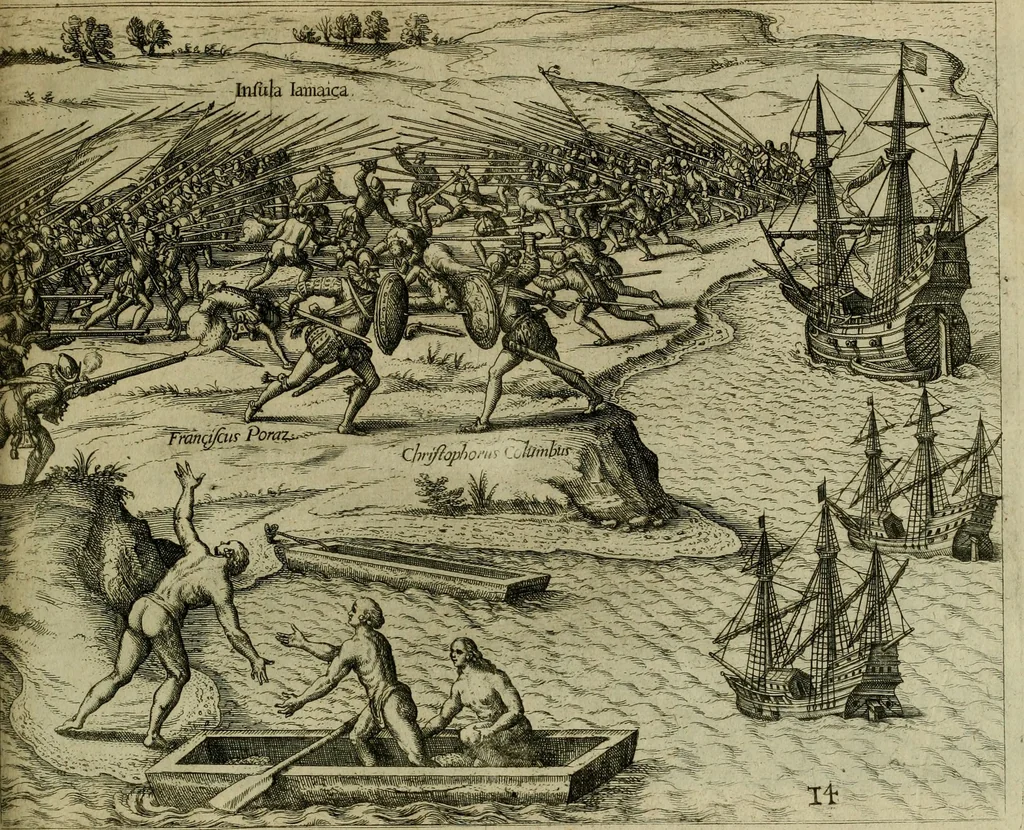 An illustration from Americae pars qvarta, siue, Insignis & admiranda historia de reperta primùm Occidentali India à Christophoro Columbo anno M. CCCCXCII, 1594, leaf 190
