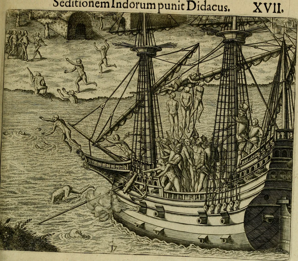 An illustration from Americae pars qvarta, siue, Insignis & admiranda historia de reperta primùm Occidentali India à Christophoro Columbo anno M. CCCCXCII, 1594, leaf 196