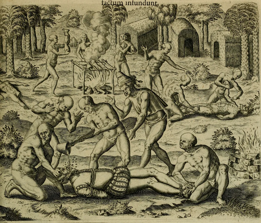 An illustration from Americae pars qvarta, siue, Insignis & admiranda historia de reperta primùm Occidentali India à Christophoro Columbo anno M. CCCCXCII, 1594, leaf 202