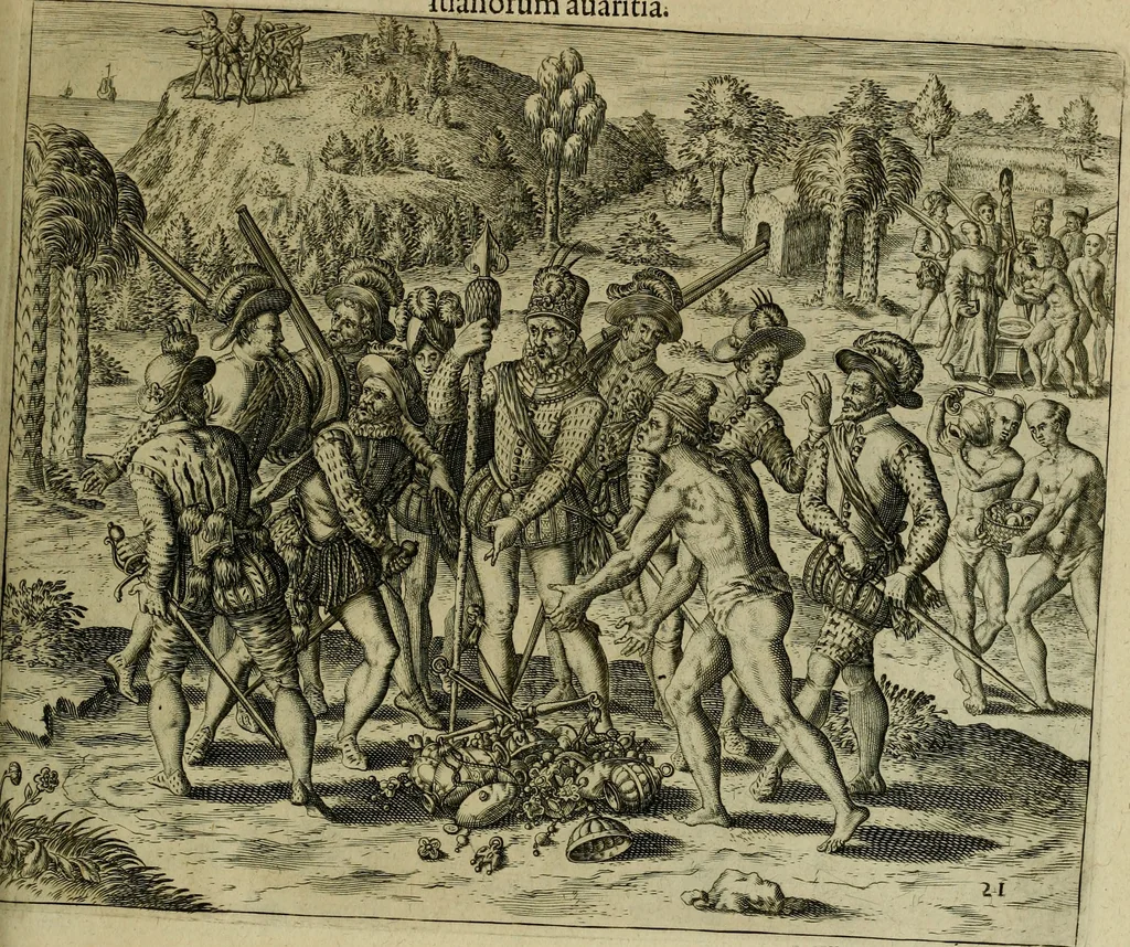 An illustration from Americae pars qvarta, siue, Insignis & admiranda historia de reperta primùm Occidentali India à Christophoro Columbo anno M. CCCCXCII, 1594, leaf 204